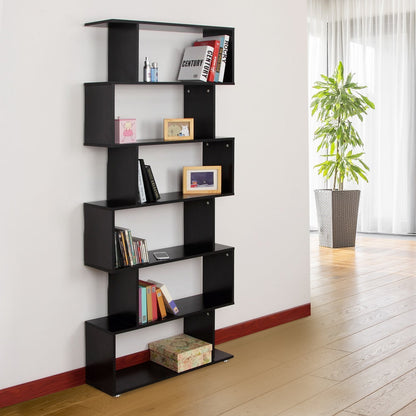Taupe Shadow HOMCOM wooden S-shape bookcase with six shelves for home office storage and display, showcasing a modern, stylish design.