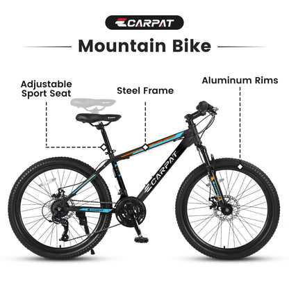 Black and blue Carpat City-Cruizer™ 26-inch performance mountain bike by Carmine Juneberry, showing the frame and handlebars.