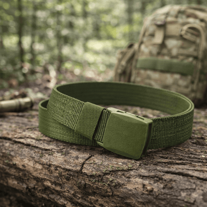Black Lavender XGear tactical adjustable nylon belt with plastic buckle, showcasing its sturdy design and secure fastening.