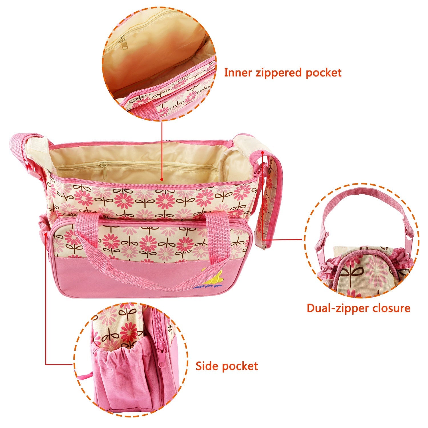 Pear Daisy 5-piece baby diaper bag set with shoulder bags, featuring multiple compartments and stylish design for moms.