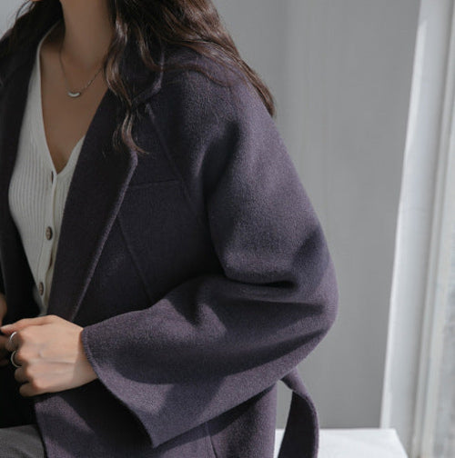 Korean wool coat for women by Carmine Juneberry featuring autumn and winter fashion, elegant design, and warm tailored fit.