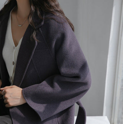 Korean wool coat for women by Carmine Juneberry featuring autumn and winter fashion, elegant design, and warm tailored fit.