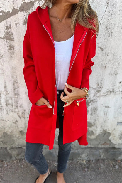 Carmine Juneberry fiery red solid color casual zip-up hooded coat, front view showing full length and hood detail.