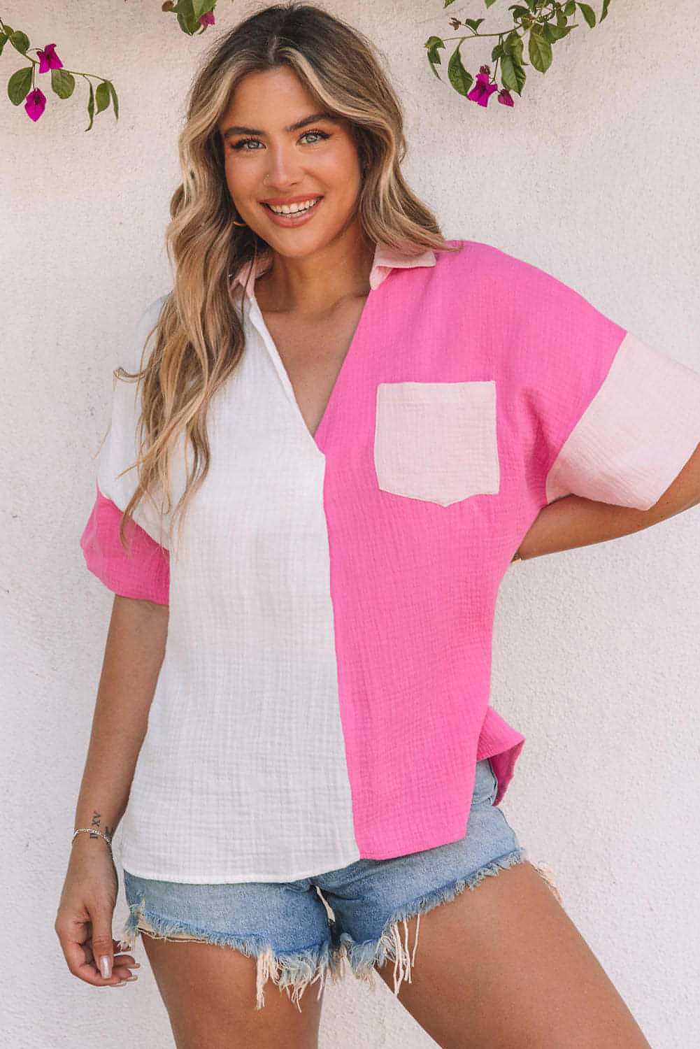 Rose collared neck color block polo shirt by Carmine Juneberry, featuring a stylish collar and color blocking design.