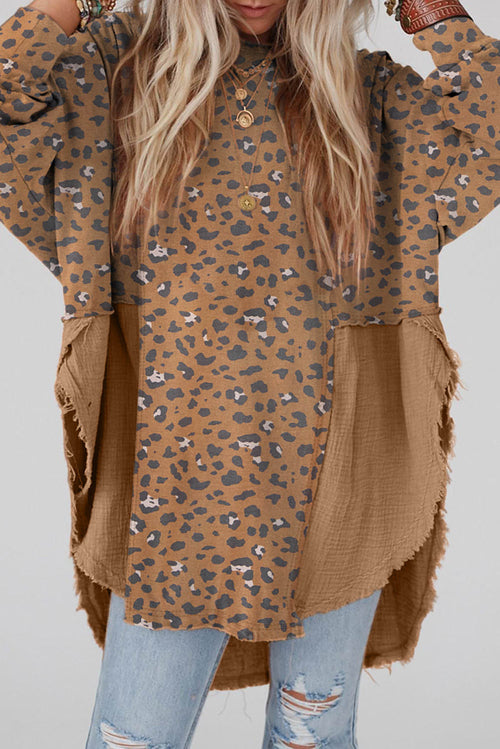 Brown printed raw edge leopard patchwork blouse by Carmine Juneberry, featuring an oversized fit and fashionable design.