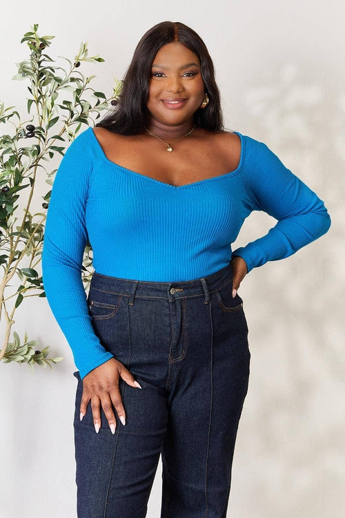 Carmine Juneberry ribbed knit top with sweetheart neckline, full-size, long sleeves, and fitted design, ideal for casual wear.