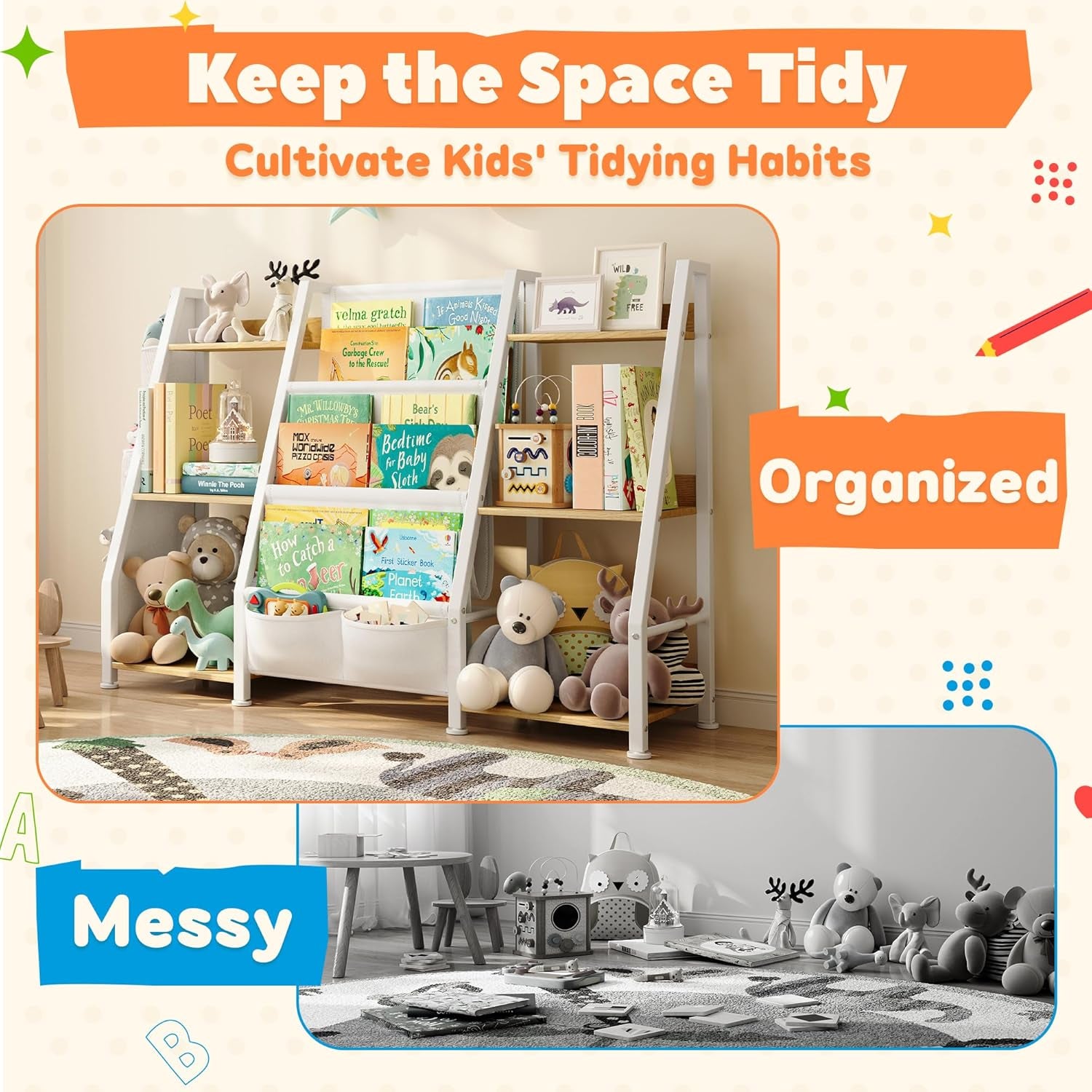 Peach Maple kids bookshelf and toy organizer 3-tier burlywood wood bookcase with storage compartments for children&