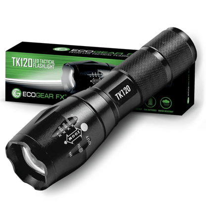Black Lavender EcoGear FX TK120 LED tactical flashlight with strobe mode, designed for camping and outdoor use.