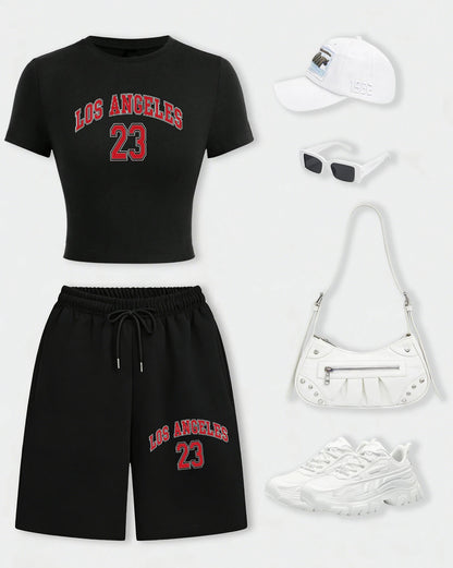 Start2Finish Los Angeles 24 creative letter print T-shirt set for women, includes crop top and wide-leg shorts with drawstring pockets.