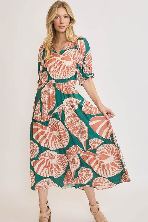 Jade Icarus automotive product image showing a full-size printed notched puff sleeve midi dress in plus size with floral pattern.