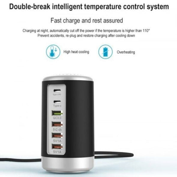 Maroon Asteria 6-port cylindrical adapter with 65W fast charge for mobile devices and laptops, showing multiple charging ports and compact design.
