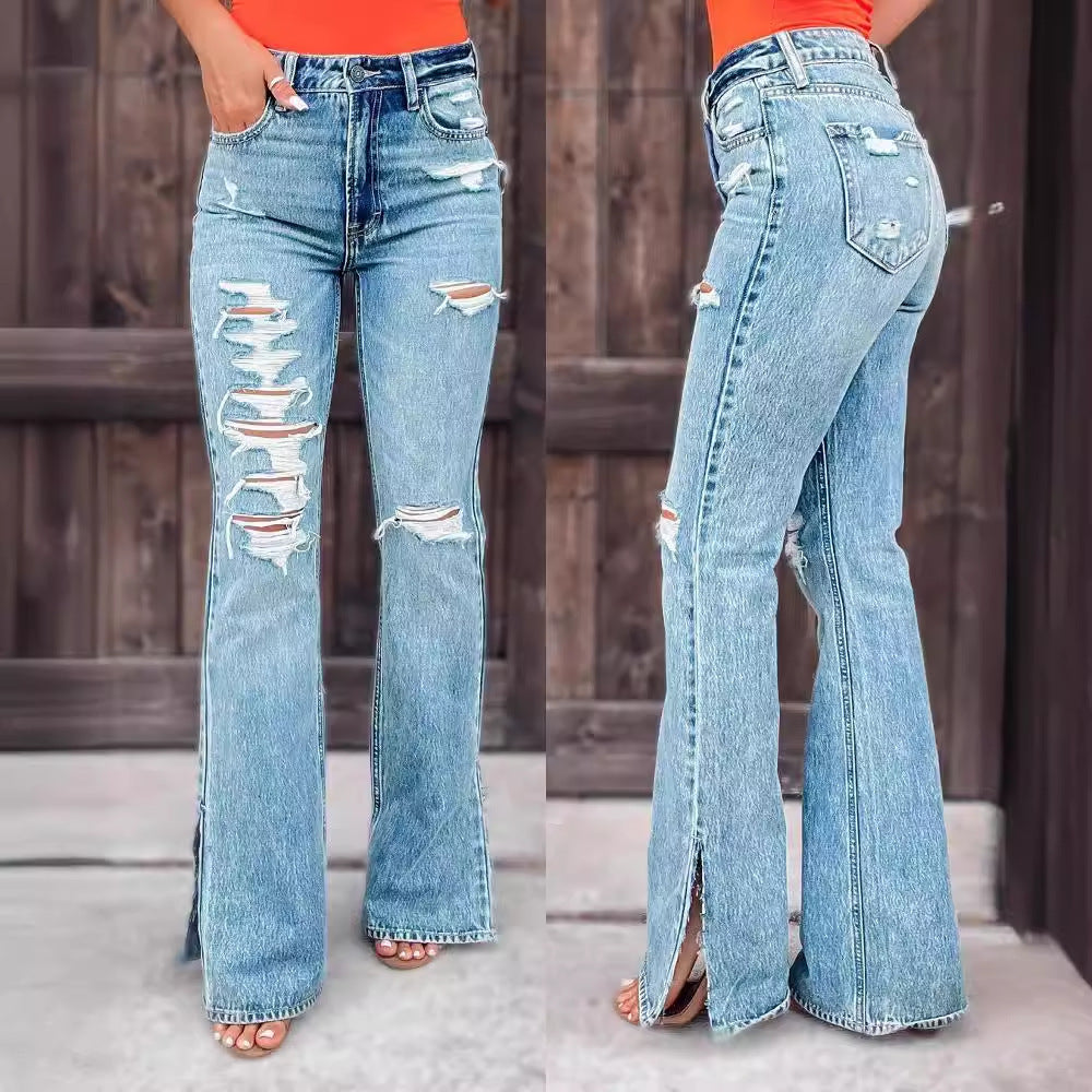 Carmine Juneberry high waist ripped split stretch jeans for women, showcasing distressed fabric and fitted style.