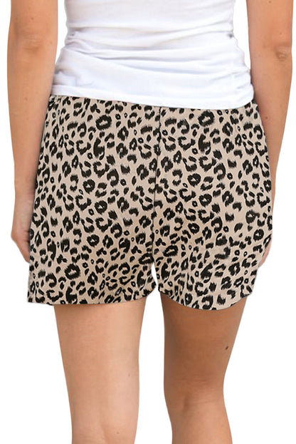 Harlequin Daisy khaki leopard print drawstring waist shorts for bath and beauty, featuring a stylish animal pattern and comfortable fit.