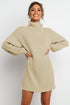 Apricot turtleneck balloon sleeve sweater dress for women by Lavender Pallas, featuring a cozy knit fabric and relaxed fit.