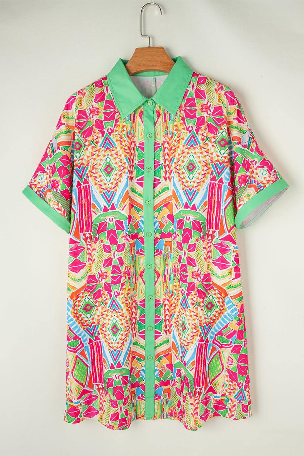 Orange geometric print contrast short sleeve shirt dress by Carmine Juneberry, featuring a stylish and modern design.