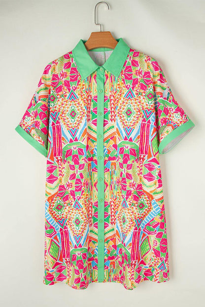 Orange geometric print contrast short sleeve shirt dress by Carmine Juneberry, featuring a stylish and modern design.