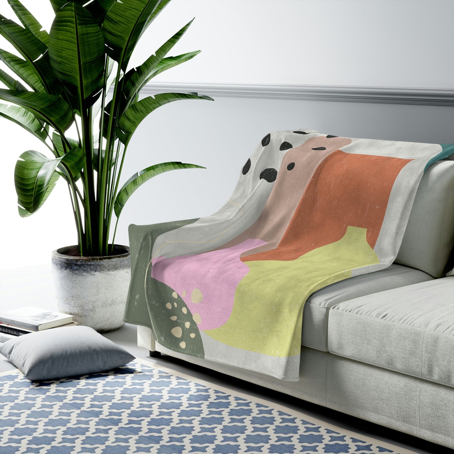 Yellow Pandora abstract vase plush throw blanket with colorful geometric patterns for stylish home decor.