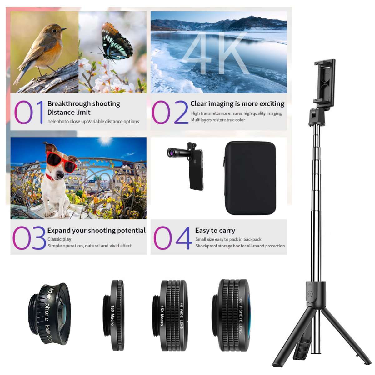Salmon Lucky 12-in-1 4K Photography Bundle including tech accessories, camera lenses, and photography tools on a white background.
