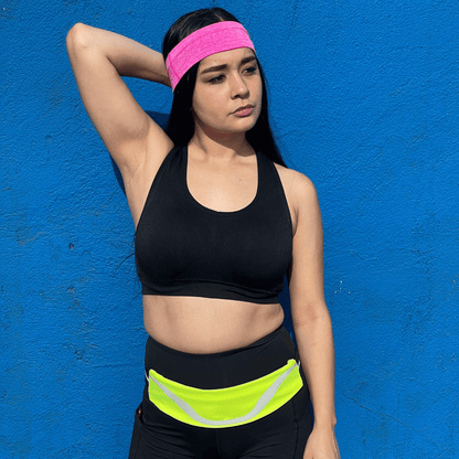 Black Lavender water-resistant sport waist pack with reflective strip, designed for running. Compact fitness and outdoor accessory.