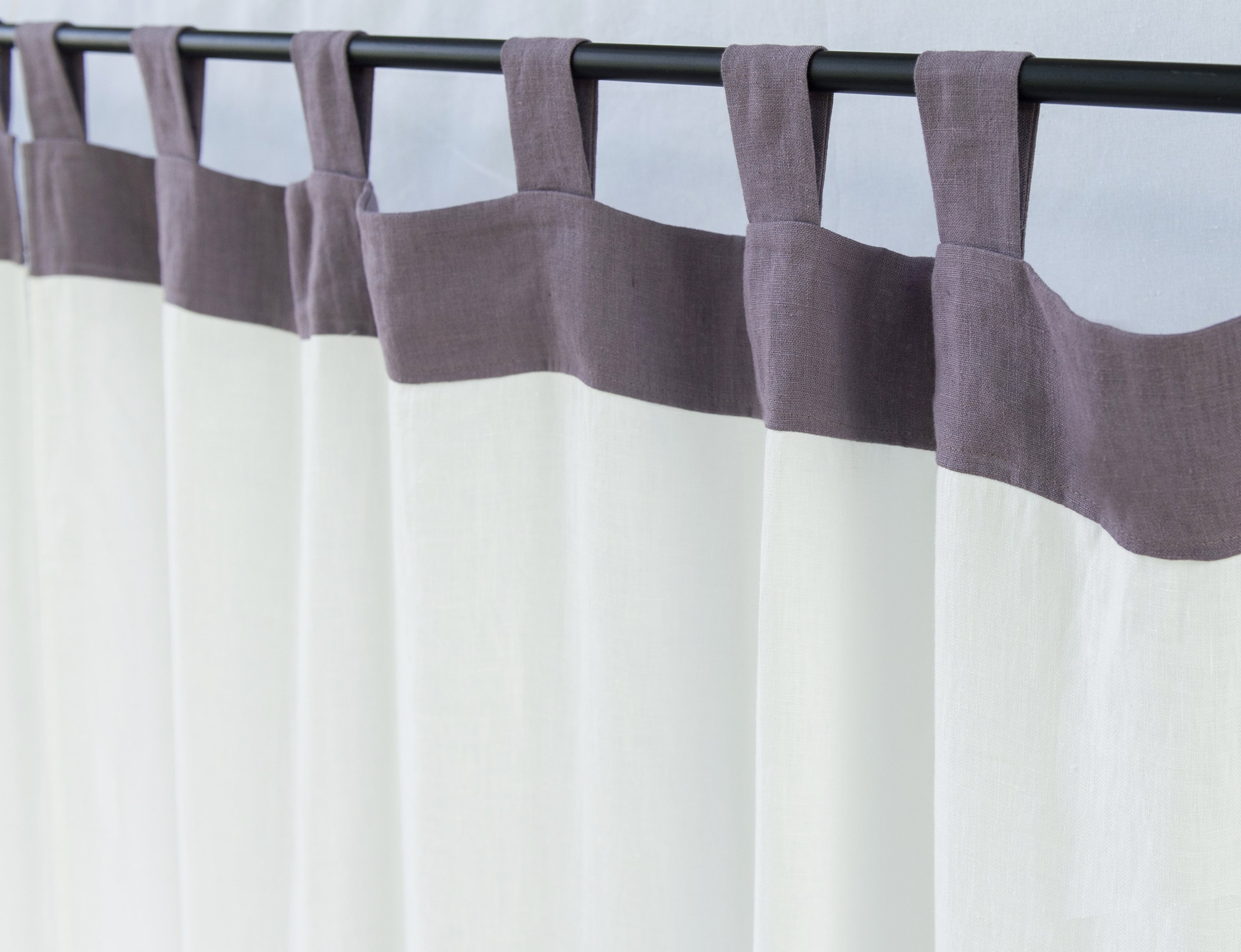 White and natural light linen curtains with tab tops, two-tone design, perfect for home decor by Magenta Sugarplum.
