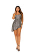 Brown Sooty bandeau mini dress with asymmetrical hem and back zipper, lingerie and underwear style, shown on a model.