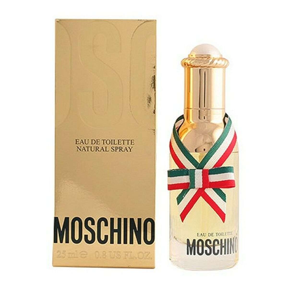 Women’s Moschino EDT perfume bottle, part of Bigbuy’s bodycare collection, with a sleek design and floral accents visible.