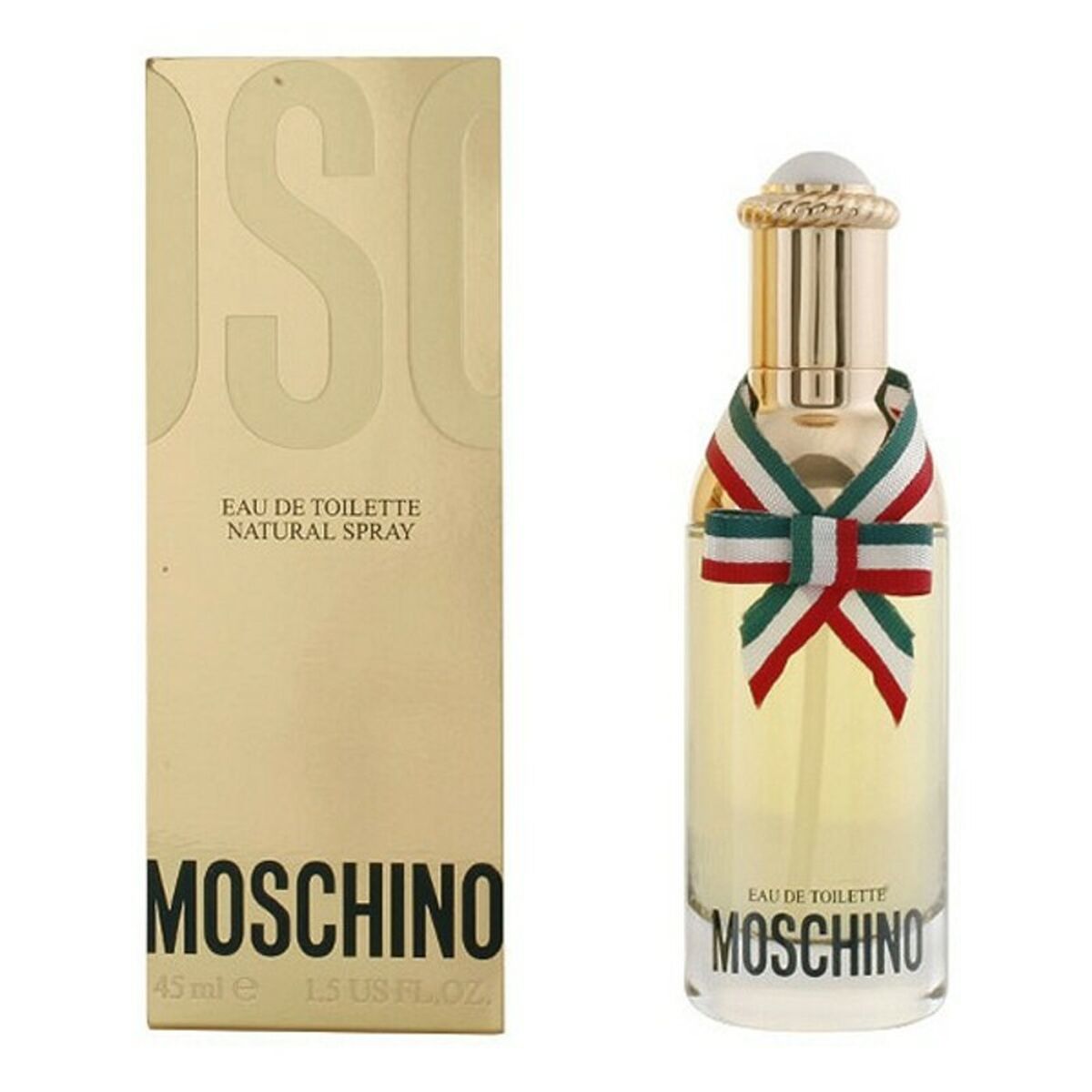 Women’s Moschino EDT perfume bottle for bodycare, featuring a sleek design and the brand logo, shown on a plain background.