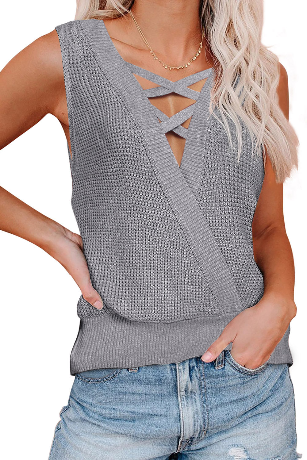 Gray crisscross hollow-out knit tank top for women by Lavender Pallas, featuring a stylish open-knit design and lightweight fabric.