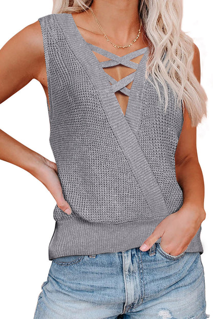 Gray crisscross hollow-out knit tank top for women by Lavender Pallas, featuring a stylish open-knit design and lightweight fabric.