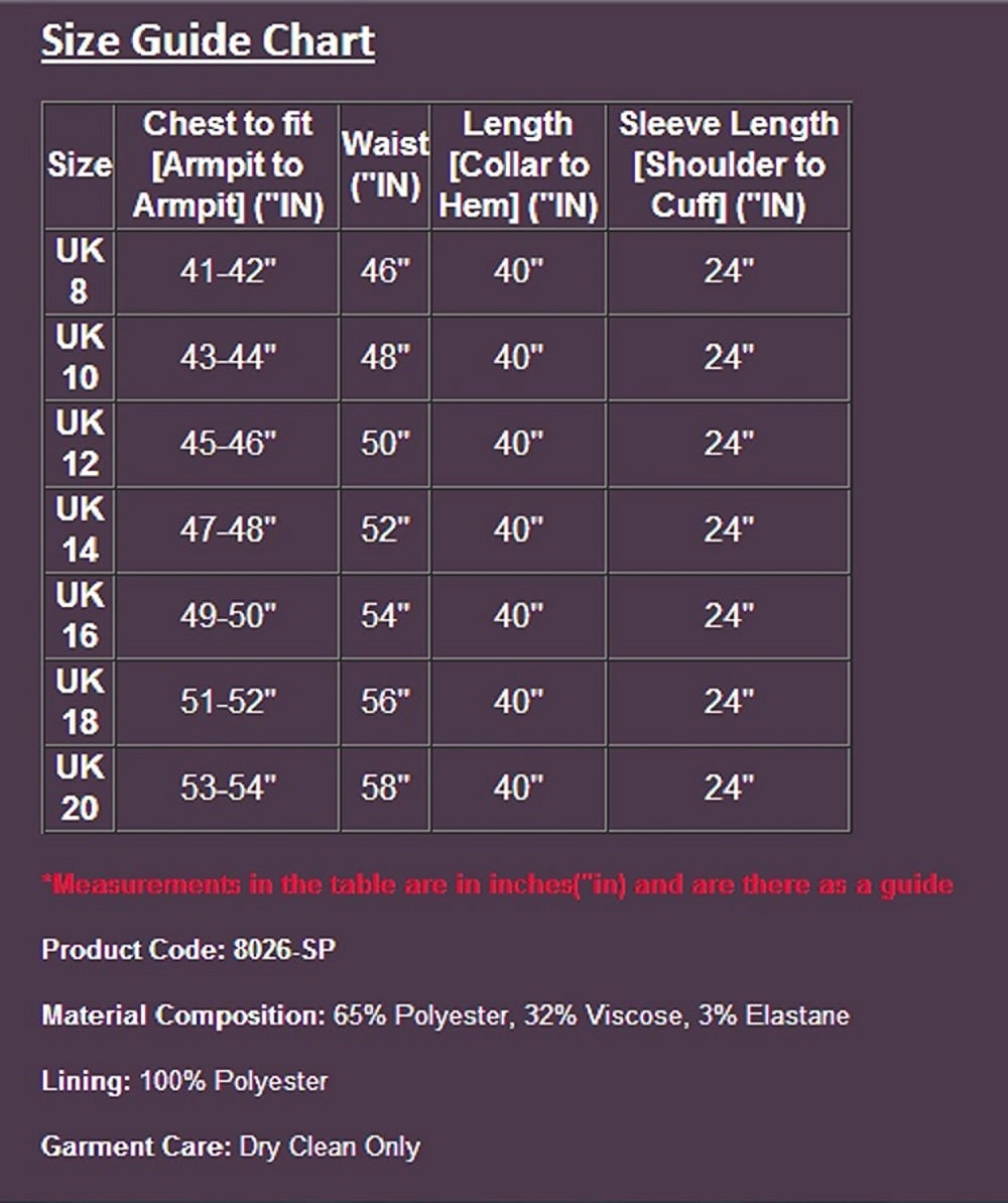 Wool blend oversized swing coat with velvet trim by Rose Eleusis, shown with size chart in the image.