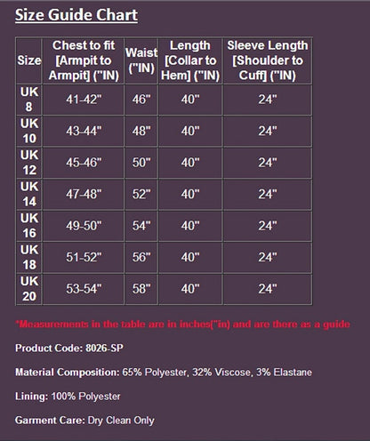 Wool blend oversized swing coat with velvet trim by Rose Eleusis, shown with size chart in the image.