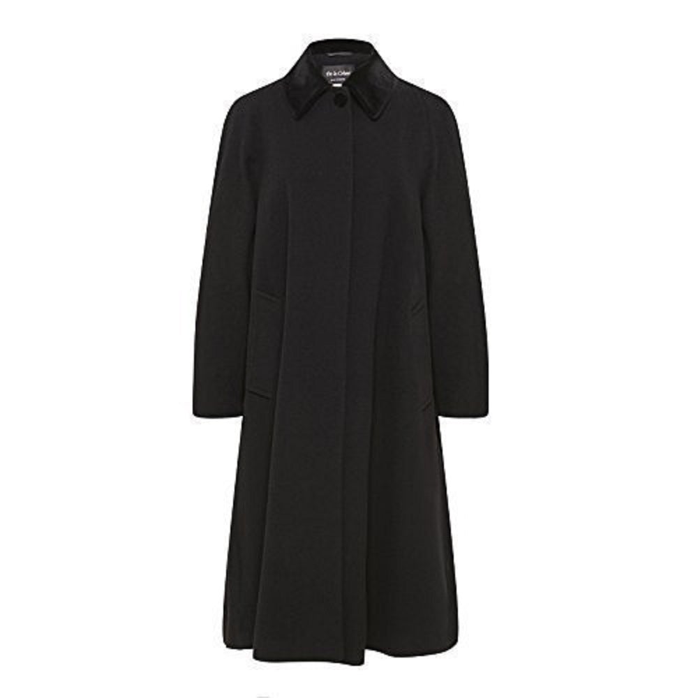 Black wool blend oversized swing coat with velvet trim from Rose Eleusis, stylish jacket with a relaxed fit and elegant details.