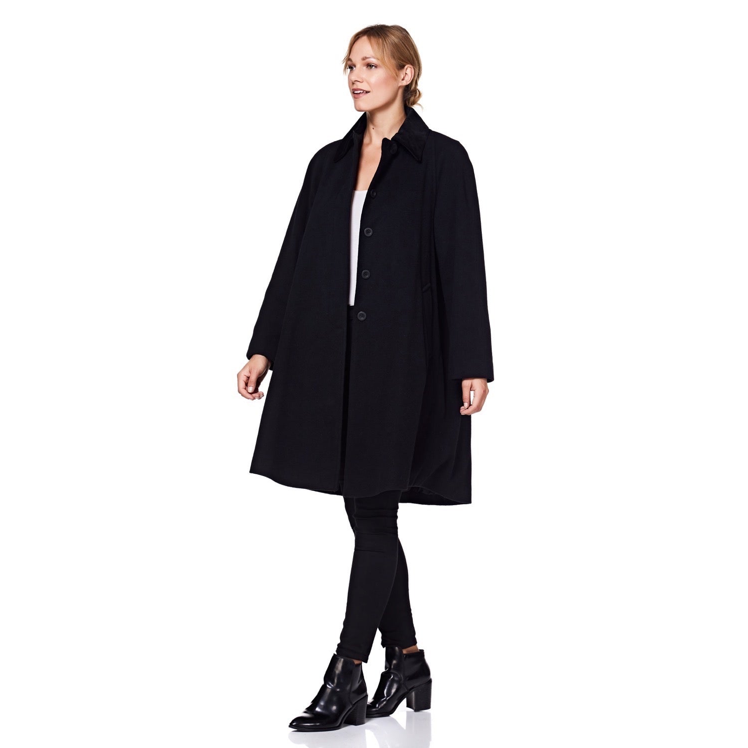 Black wool blend oversized swing coat with velvet trim from Rose Eleusis, stylish jackets and coats for a cozy, elegant look.