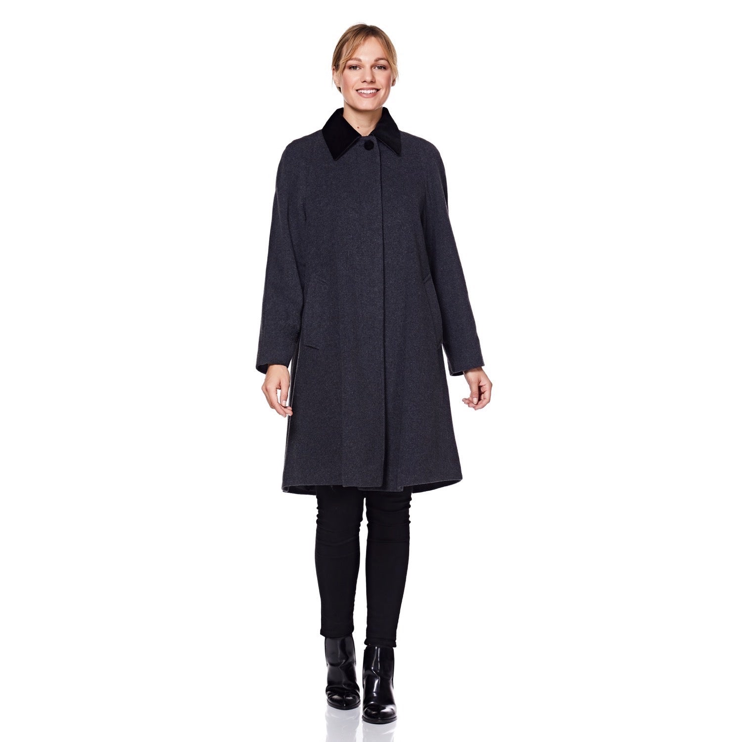 Wool blend oversized swing coat with velvet trim in grey, designed by Rose Eleusis, stylish and warm outerwear for cold weather.