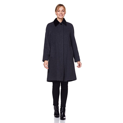 Wool blend oversized swing coat with velvet trim in grey, designed by Rose Eleusis, stylish and warm outerwear for cold weather.