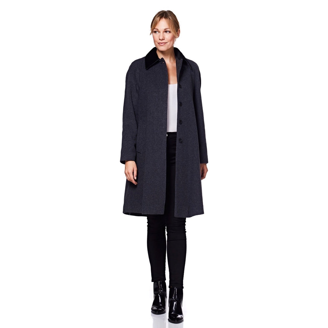 Gray wool blend oversized swing coat with velvet trim by Rose Eleusis, stylish jacket featuring a relaxed fit and elegant details.