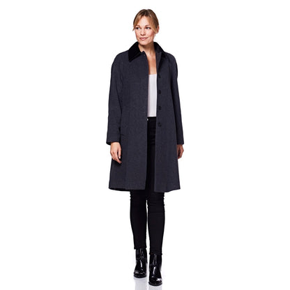 Gray wool blend oversized swing coat with velvet trim by Rose Eleusis, stylish jacket featuring a relaxed fit and elegant details.