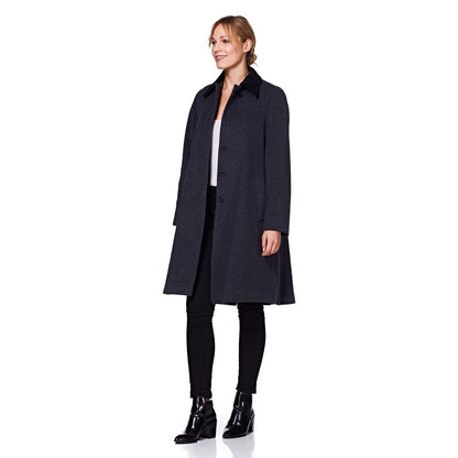 Gray wool blend oversized velvet trim swing coat by Rose Eleusis, featuring a flowing silhouette and stylish velvet accents.