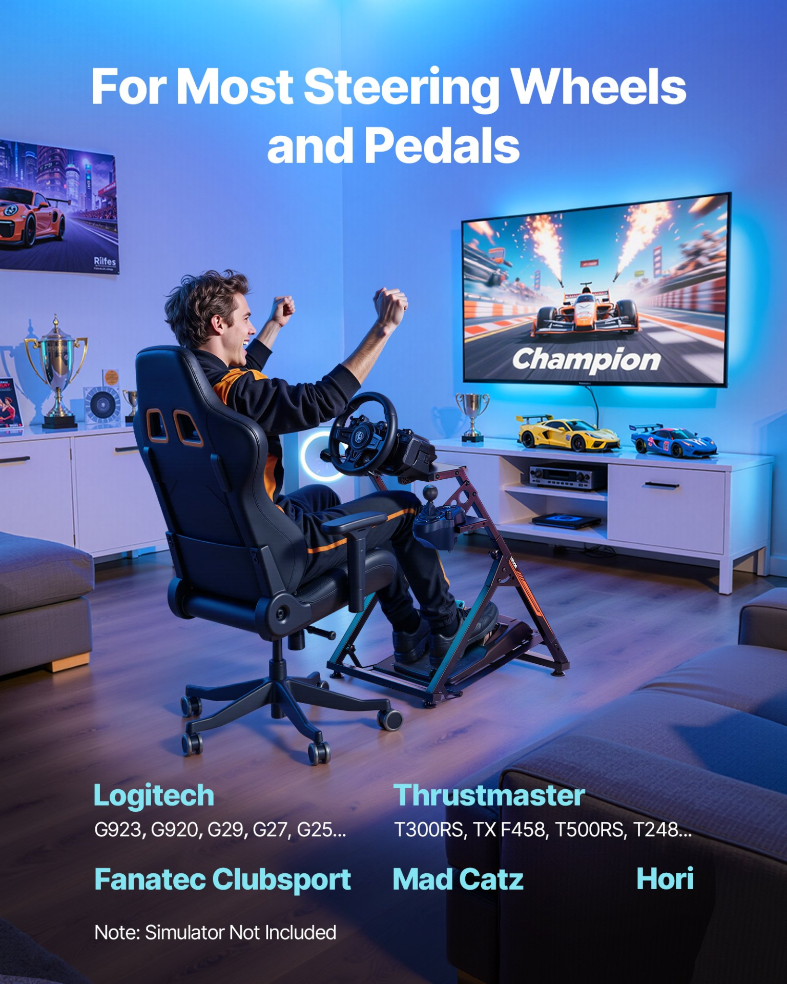 VEVOR racing wheel stand for Logitech and Thrustmaster simulators, adjustable, foldable gaming cockpit with pedal support, compact design.