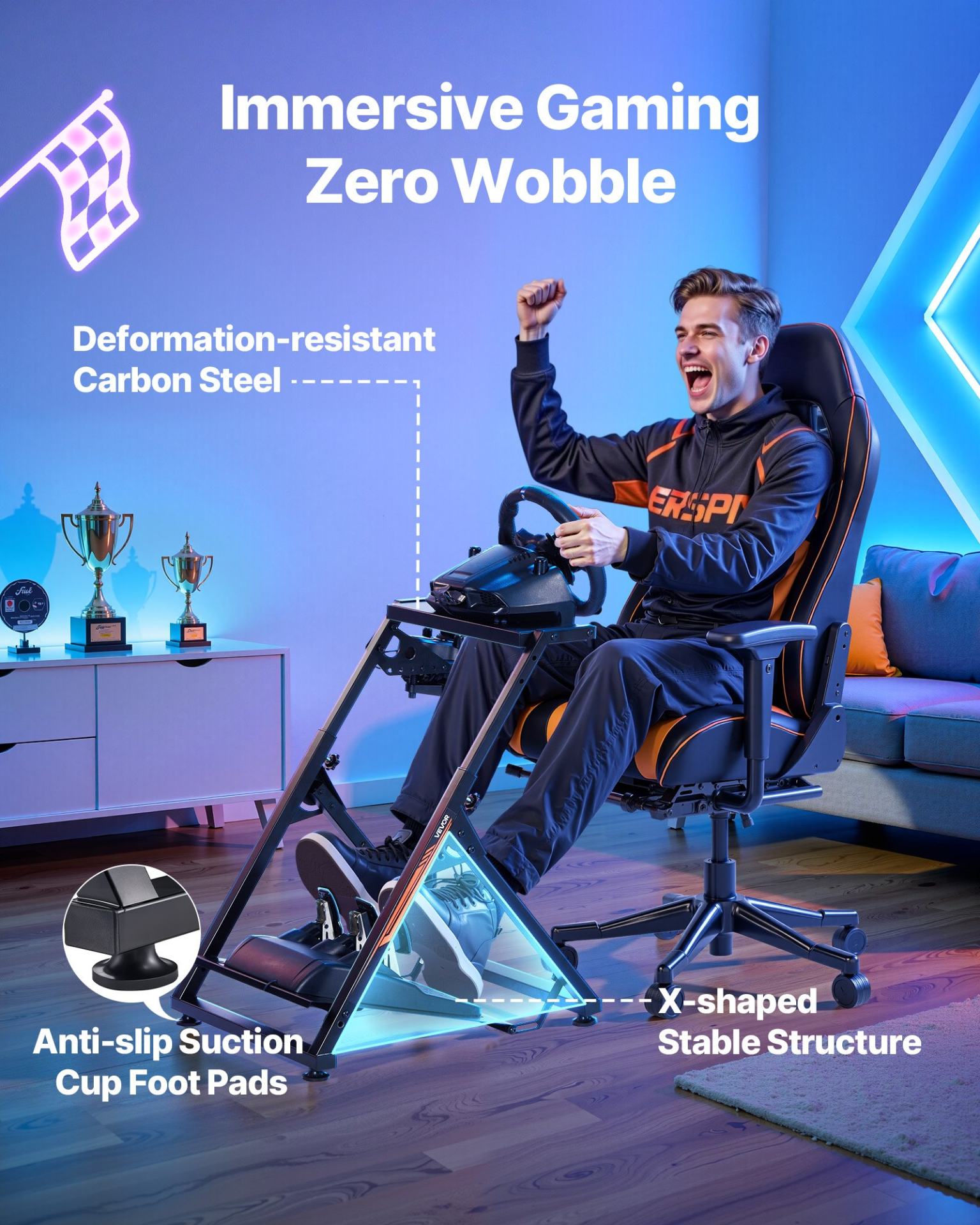 Vevor racing wheel stand by Start2Finish, adjustable and foldable simulator stand for Logitech and Thrustmaster racing wheels, pedals not included.