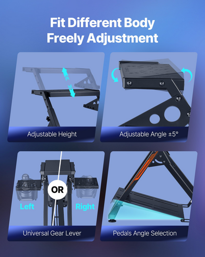 Start2Finish VEVOR racing wheel stand for Logitech, Thrustmaster, and F1/GT simulators, adjustable, foldable, with pedal supports, electronics.