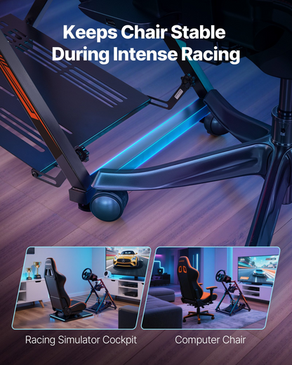 Start2Finish VEVOR Racing Wheel Stand for Logitech and Thrustmaster gaming simulators, foldable and adjustable for racing setups.