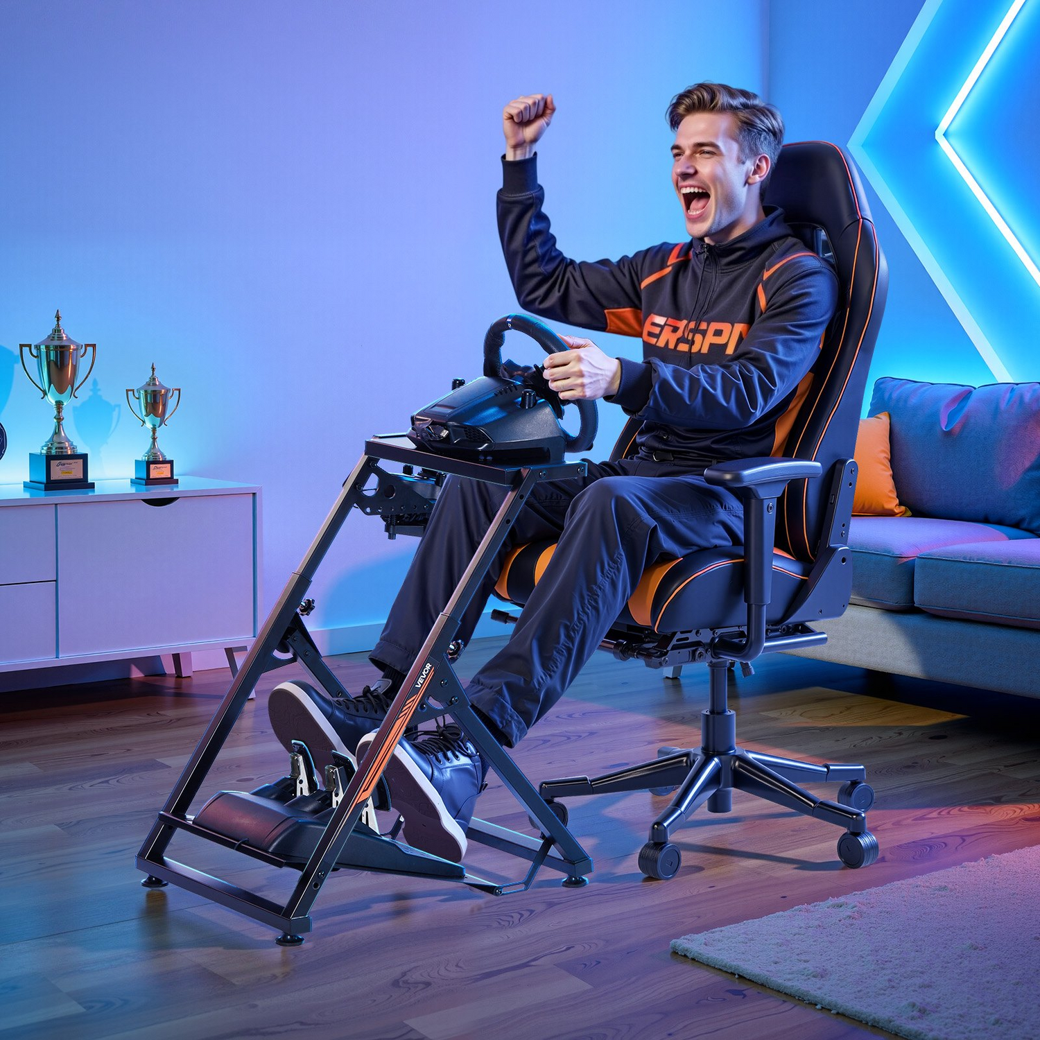 Vevor racing wheel stand for Logitech and Thrustmaster simulators, adjustable, foldable, compact gaming cockpit with pedal mount.