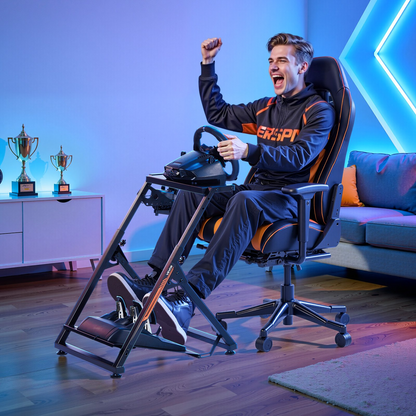 Vevor racing wheel stand for Logitech and Thrustmaster simulators, adjustable, foldable, compact gaming cockpit with pedal mount.
