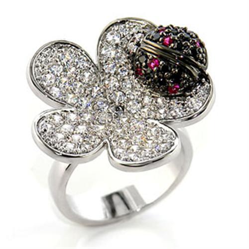 Rhodium and ruthenium brass ring with AAA grade cubic zirconia in multicolor, featuring intricate jewelry design by Turquoise Tiger.