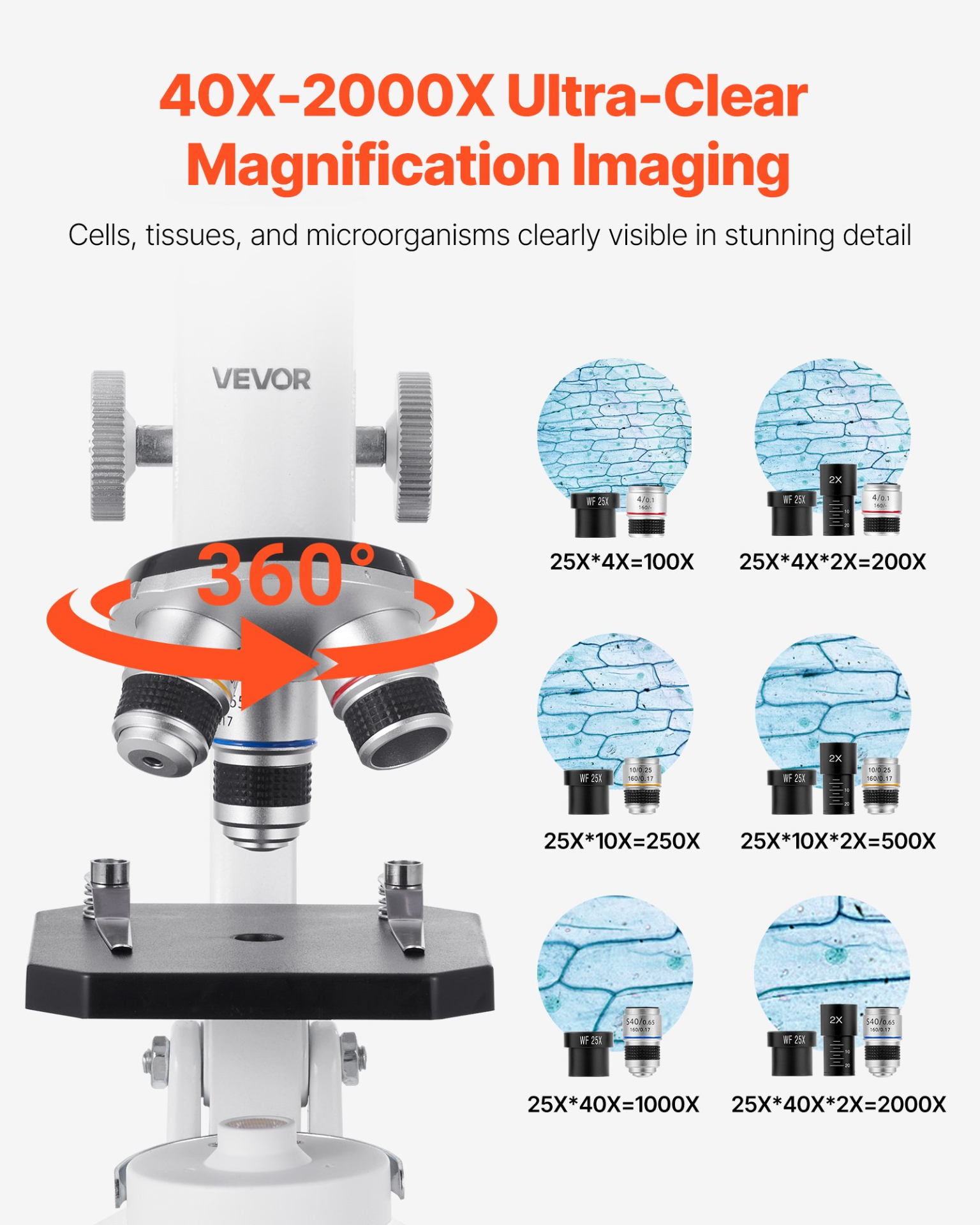 Start2Finish VEVOR microscope for kids and adults with LED light, 40X-2000X magnification, mobile phone adapter, suitable for education.