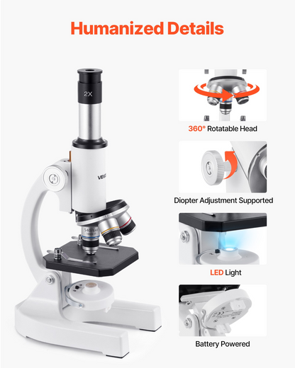 Start2Finish VEVOR educational microscope with 40X-2000X magnification, LED light, mobile phone adapter for kids and adults.