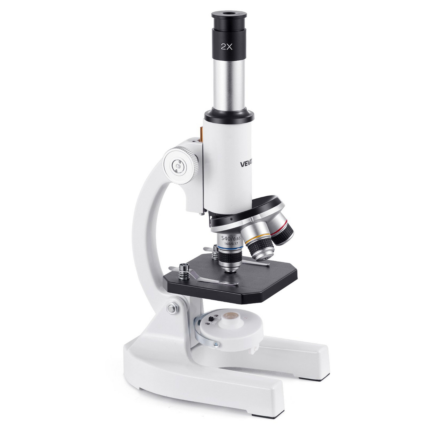 Start2Finish VEVOR educational microscope with LED light, 40X-2000X magnification, for kids and adults, with mobile phone adapter.