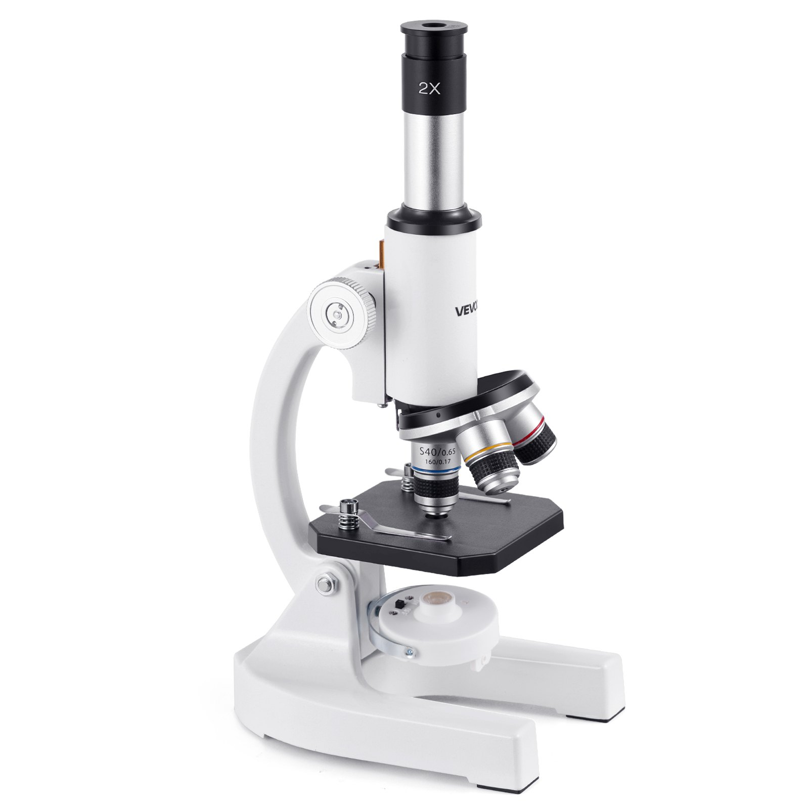 Start2Finish VEVOR educational microscope with LED light, 40X-2000X magnification, for kids and adults, with mobile phone adapter.
