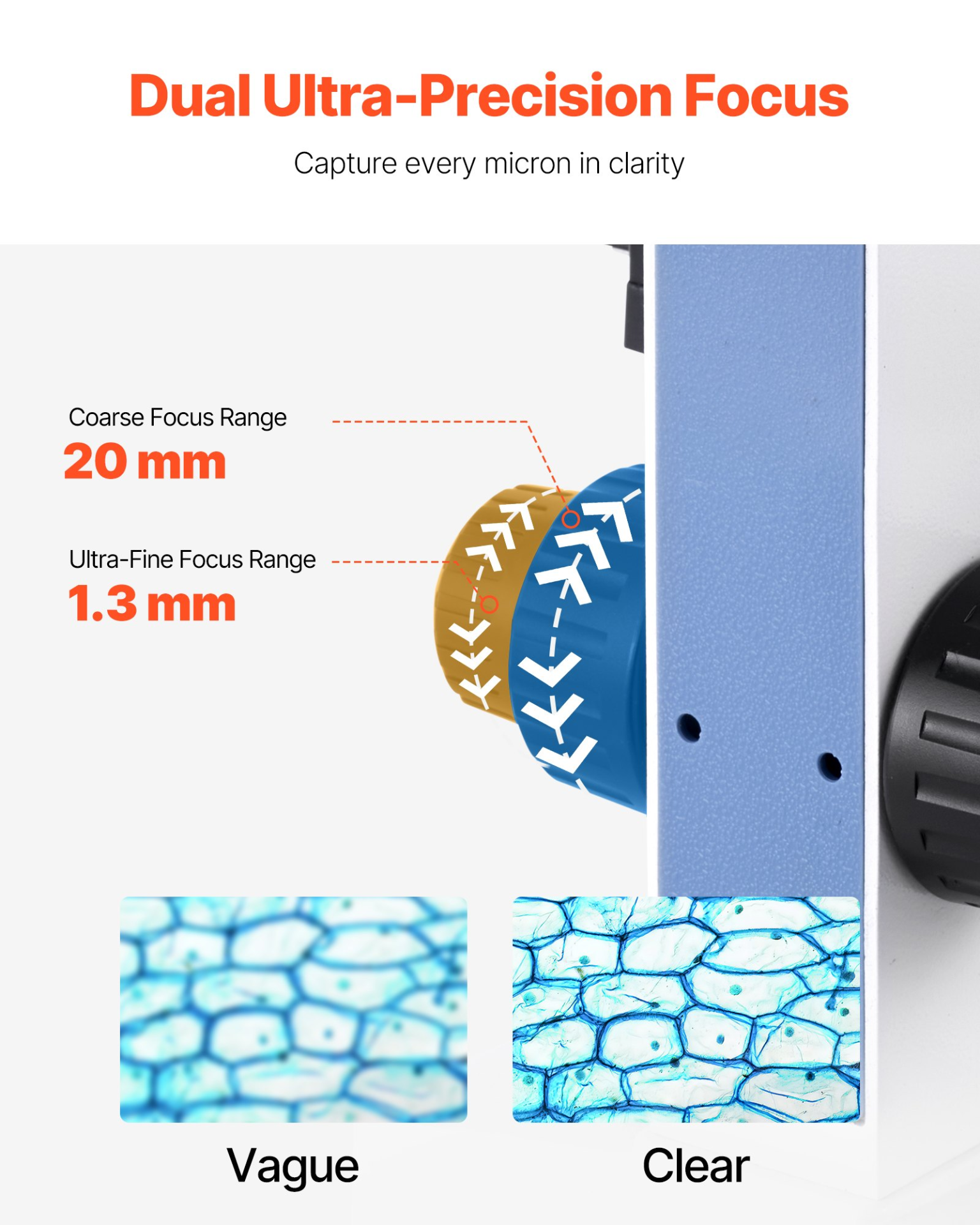 Start2Finish VEVOR binocular microscope with 40-5000X magnification, LED light, dual stage, and phone holder for educational use.
